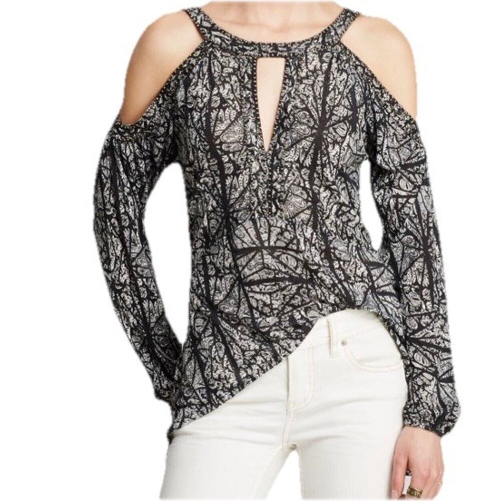 Free People YTK Metal Beaded Top Womens LARGE Black White Combo Bohemian Rocker